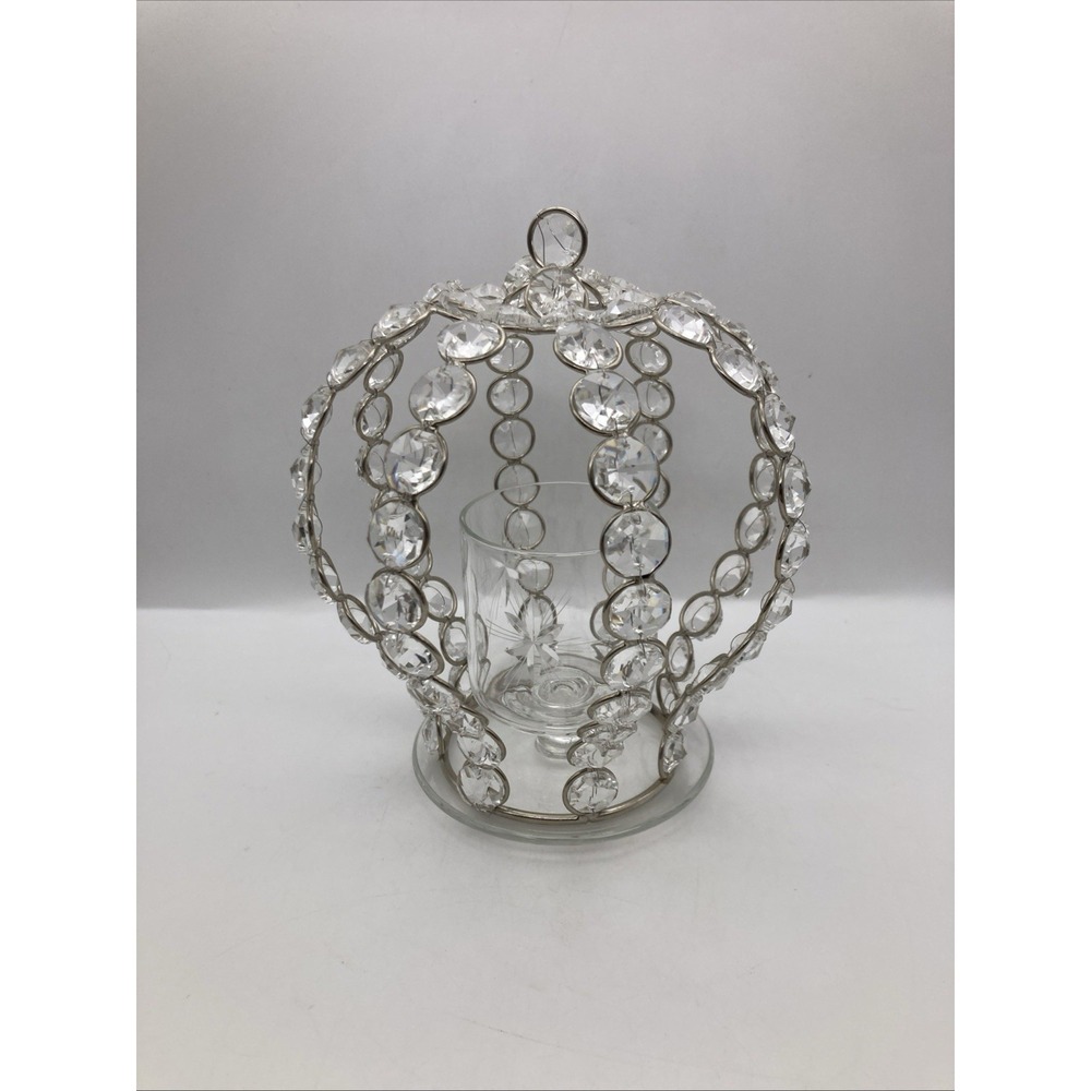 Crown Shaped Candle Holder Silver Toned Metal With Crystal Beads Etched Glass - Picture 3 of 6